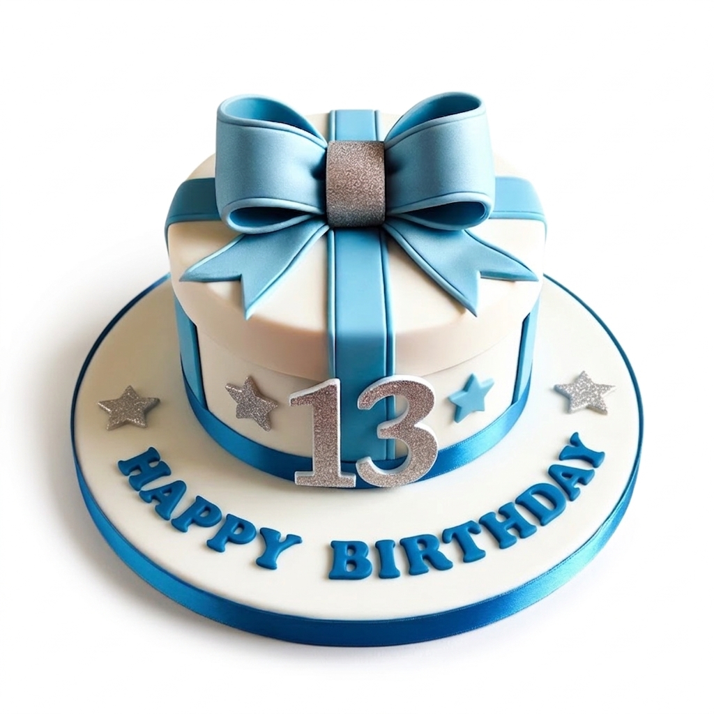 Blue Gift Box Birthday Cake with Custom Age Topper