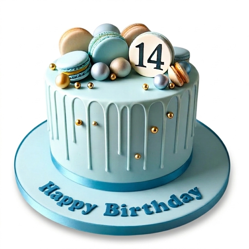 Elegant Blue Macaron Drip Birthday Cake