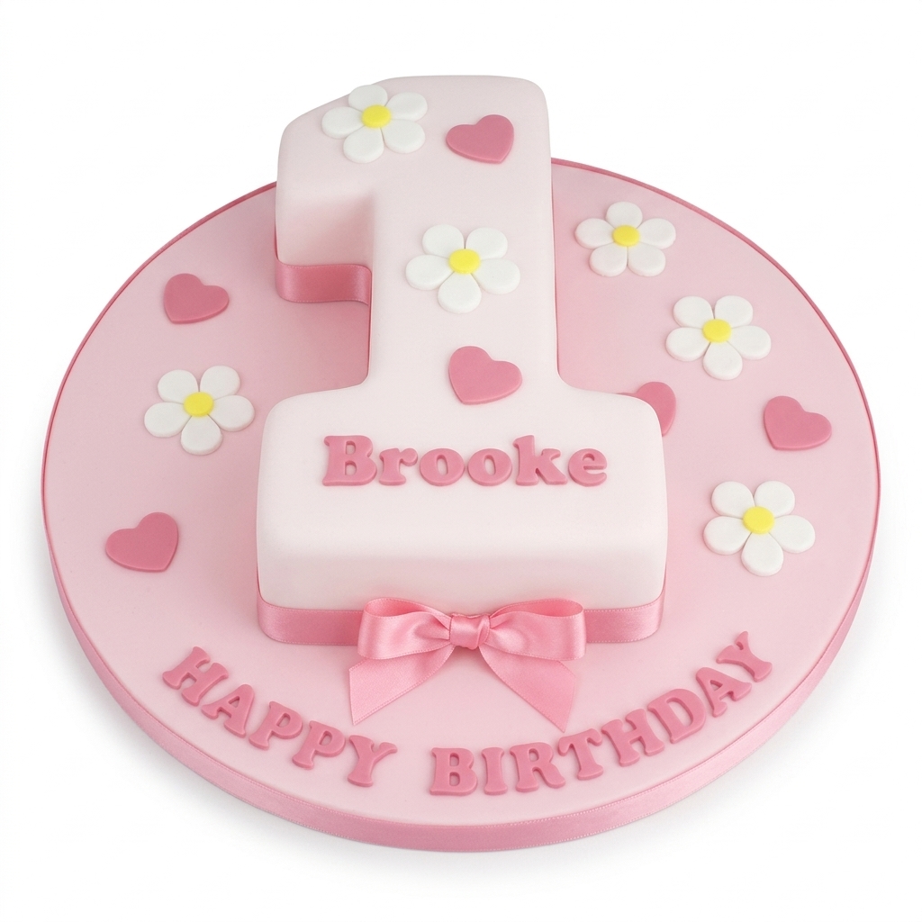 Pink Daisy & Heart 1st Birthday Cake