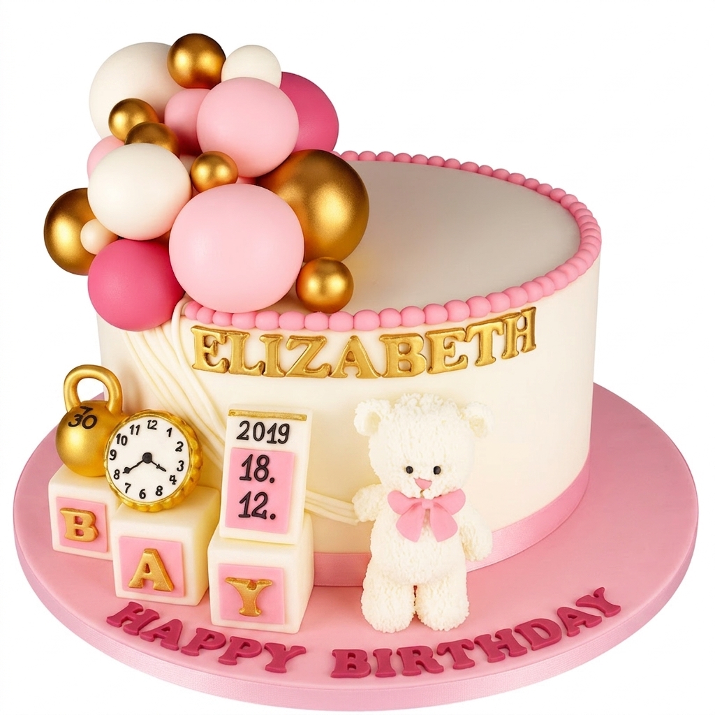 Pink & Gold Baby Girl 1st Birthday Cake
