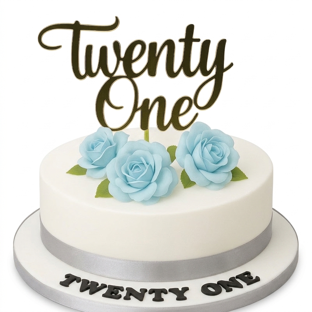 Floral Birthday Cake with Blue Roses & Custom Age Topper