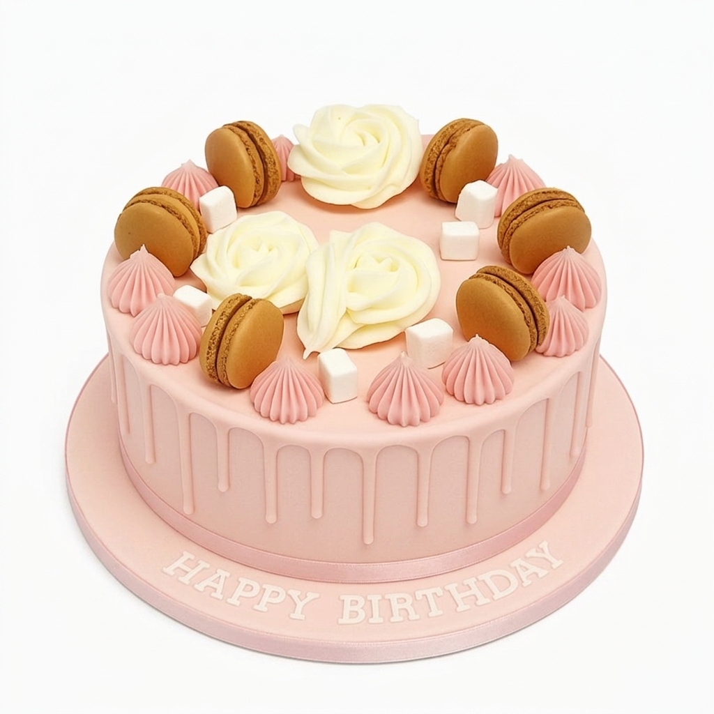 Pink Macaron & Rose Drip Birthday Cake for Her