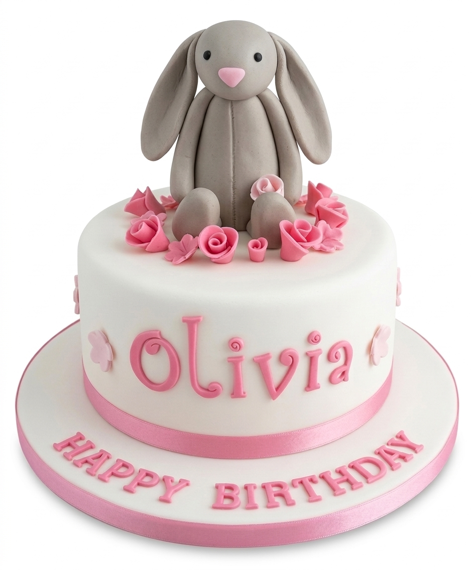 Cute Bunny & Floral Birthday Cake for Girls