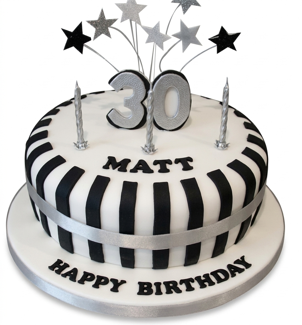 Black and White Stripe Birthday Cake with Custom Age