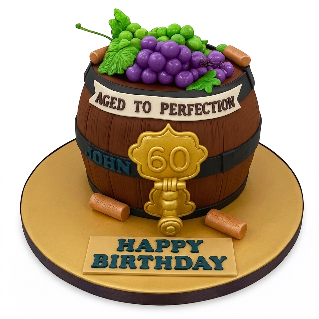 Wine Barrel Birthday Cake with Grapes & Custom Age