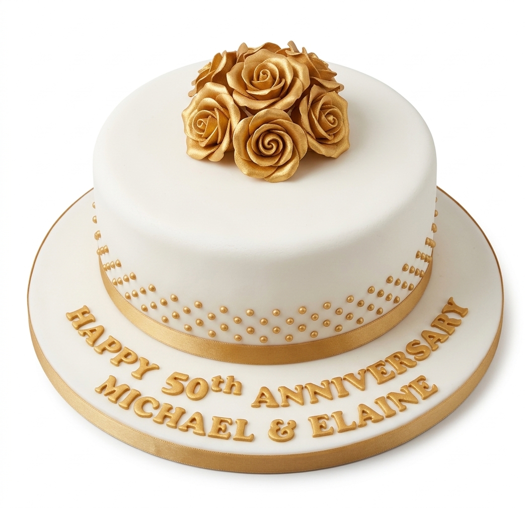 Elegant Gold & White 50th Anniversary Cake