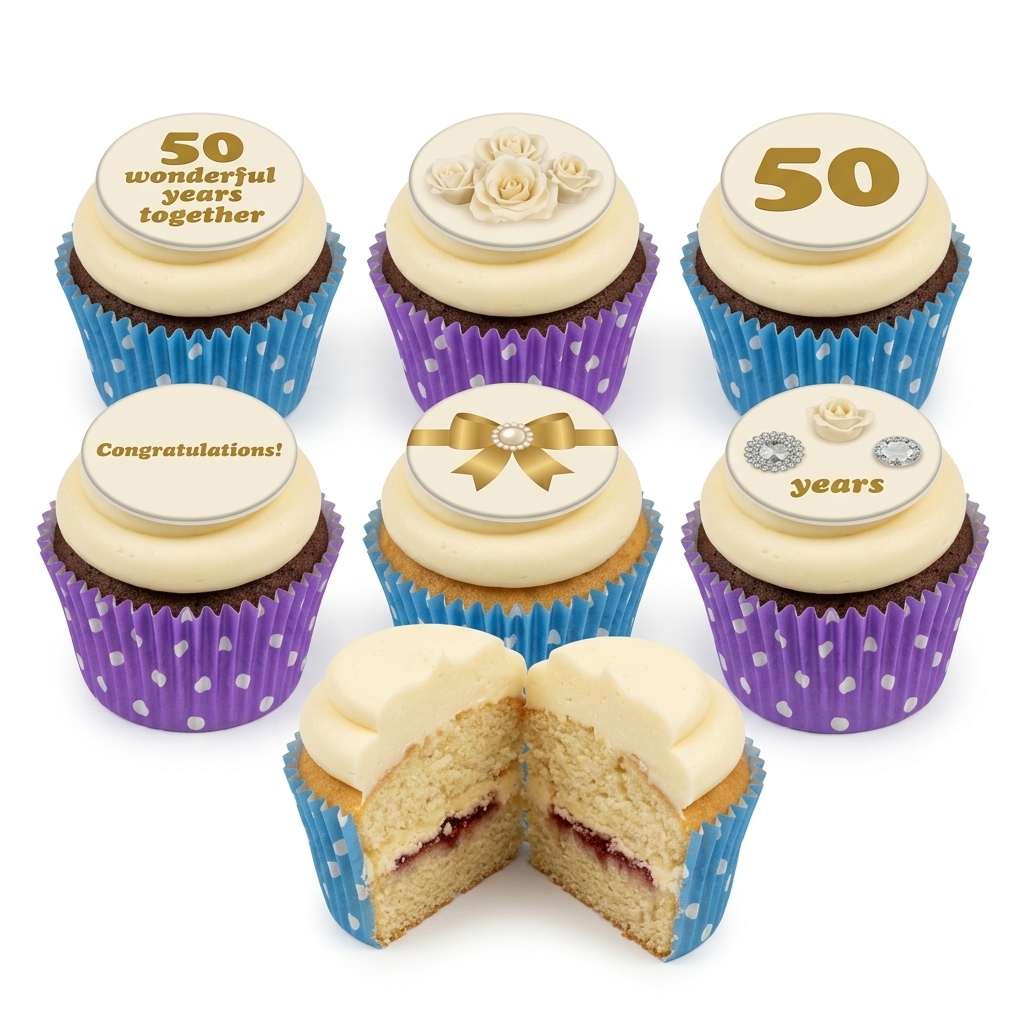 50th Anniversary Cupcakes with Gold & Rose Details