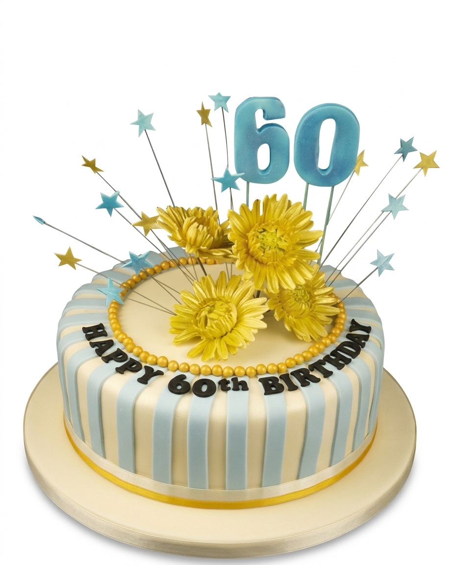 Blue & Gold Floral 60th Birthday Cake