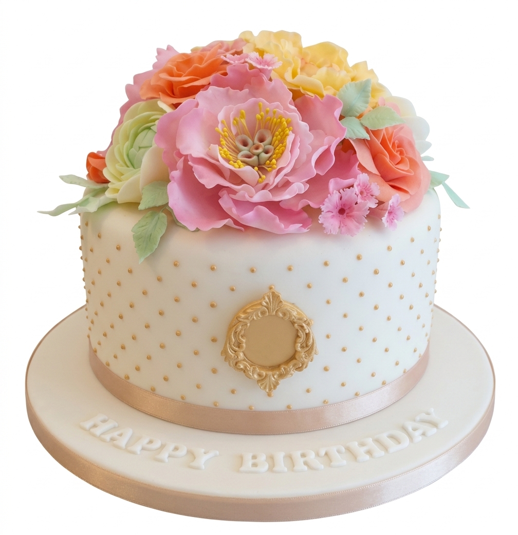 Floral Birthday Cake with Gold Accents