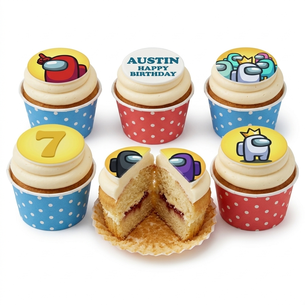 Among Us Birthday Cupcakes with Custom Toppers