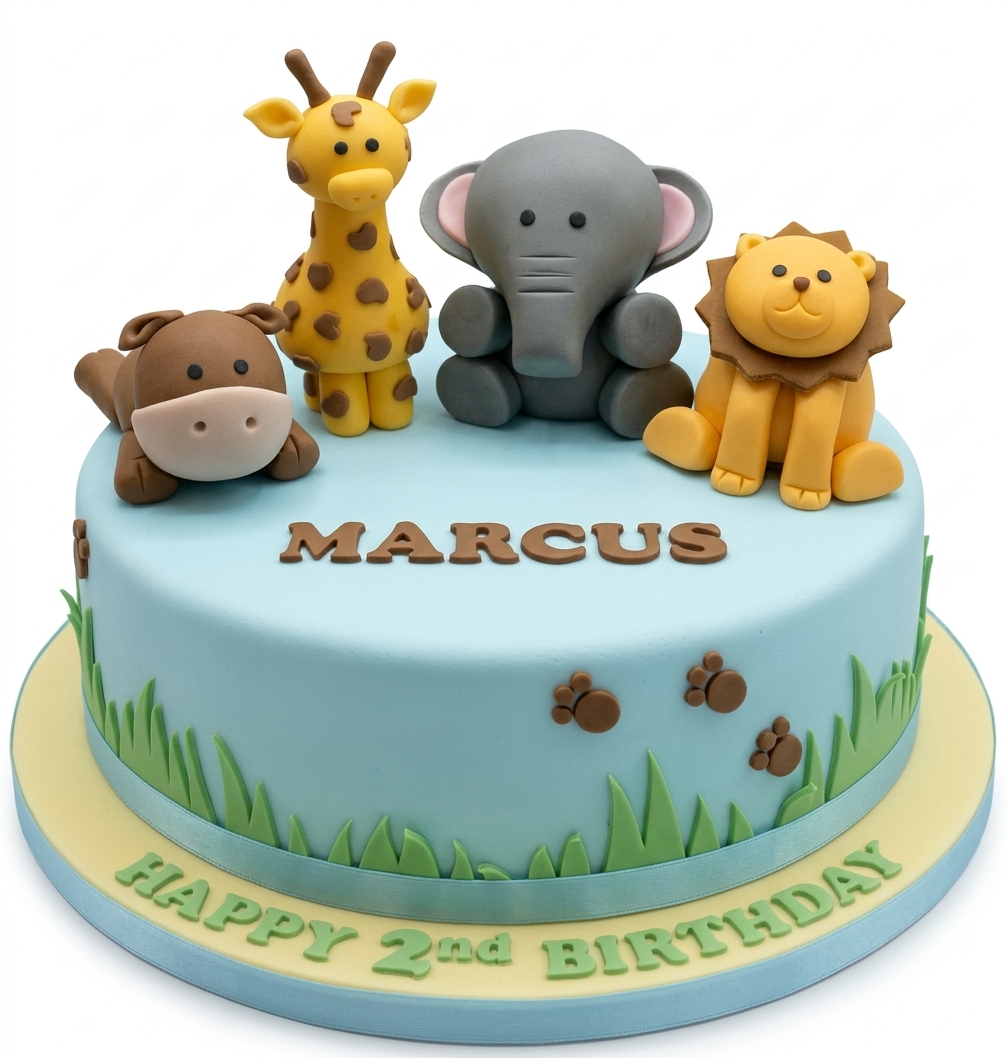 Jungle Theme Kids Birthday Cake with Animal Toppers