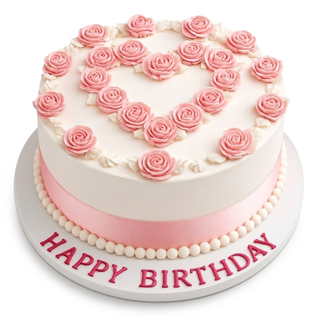 Pink Rose Heart Birthday Cake