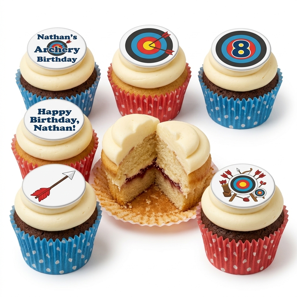 Archery Birthday Cupcakes with Custom Toppers