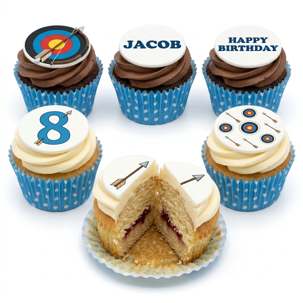 Archery Birthday Cupcakes with Custom Age Topper