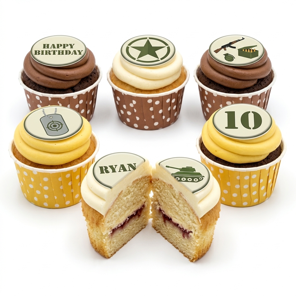 Army Theme Birthday Cupcakes with Custom Toppers