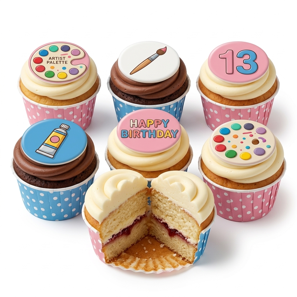 Art Theme Birthday Cupcakes with Custom Age Topper
