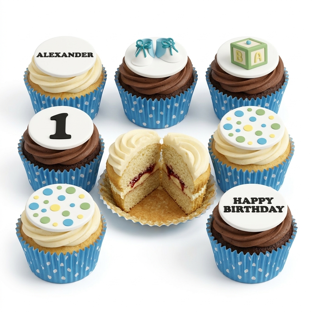 1st Birthday Cupcakes for Boys with Personalised Toppers