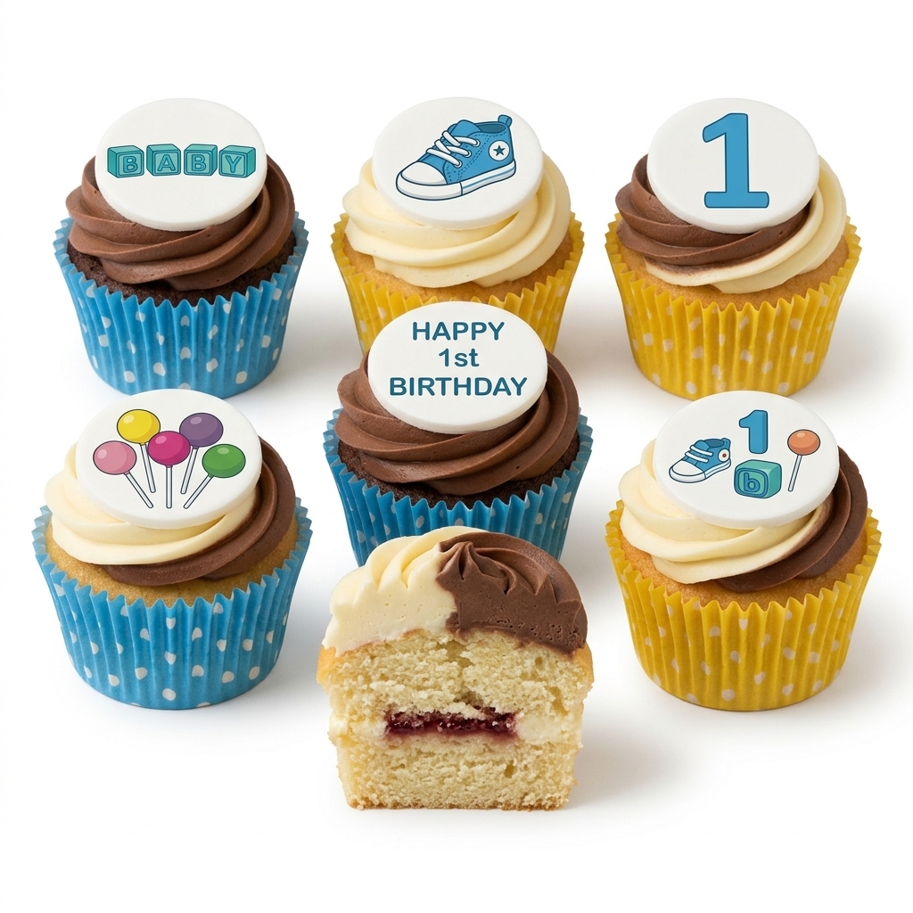 Baby Boy 1st Birthday Cupcakes with Cute Toppers