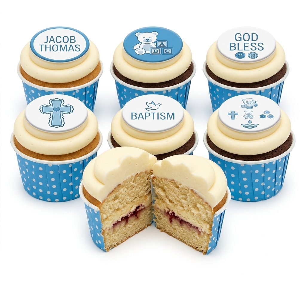 Baby Boy Christening Cupcakes with Personalised Toppers
