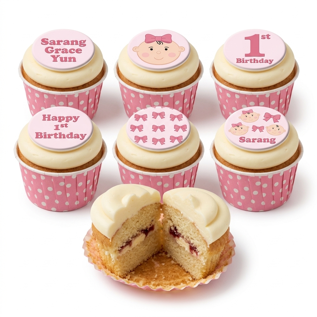 Baby Girl 1st Birthday Cupcakes with Personalised Toppers
