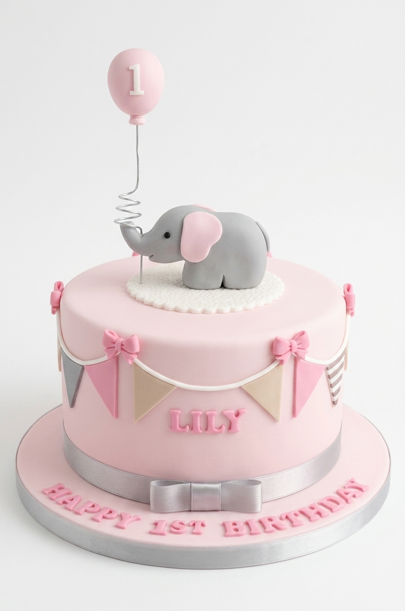 Pink Elephant 1st Birthday Cake for Girls