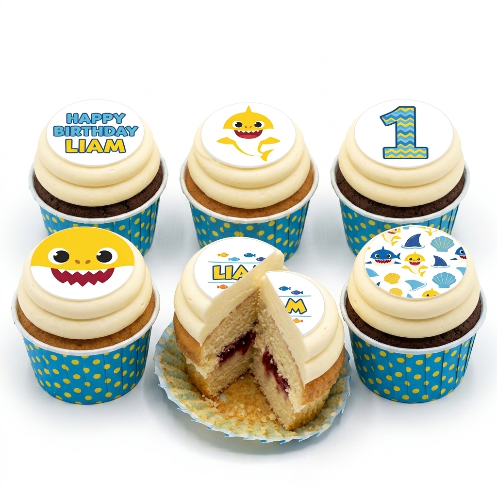 Baby Shark Birthday Cupcakes with Custom Toppers