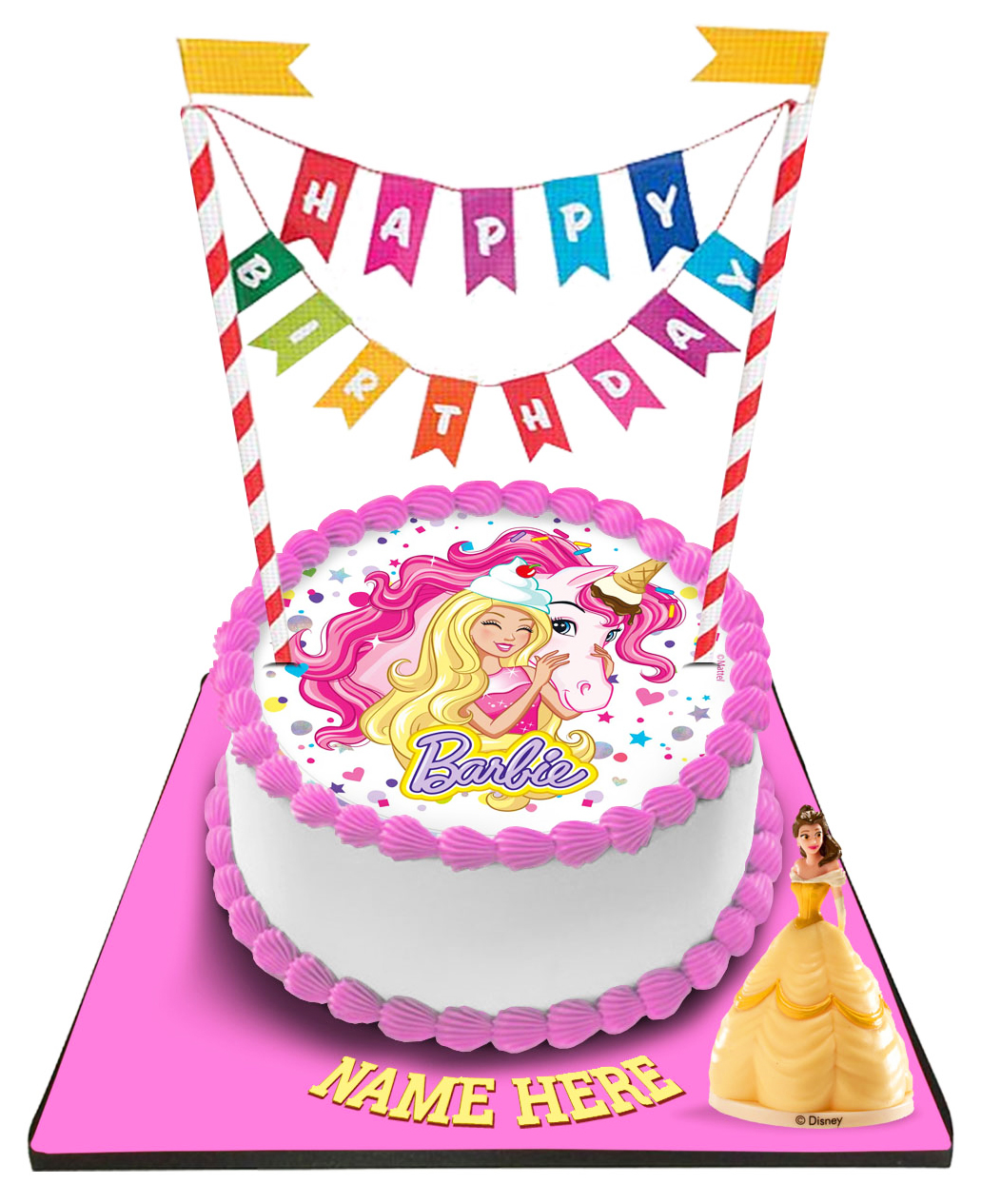Barbie Cake with Happy Birthday Bunting &Topper