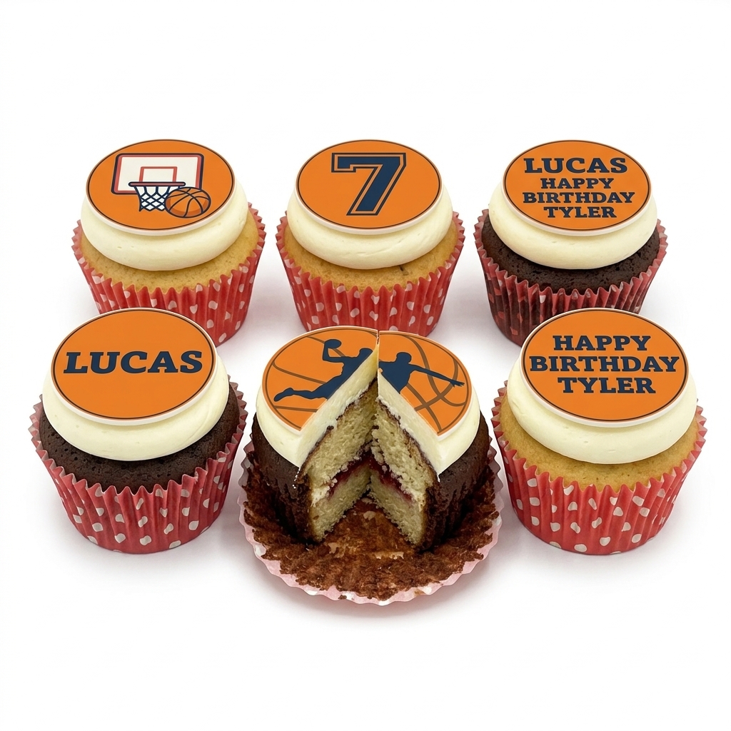 Basketball Birthday Cupcakes with Personalised Toppers