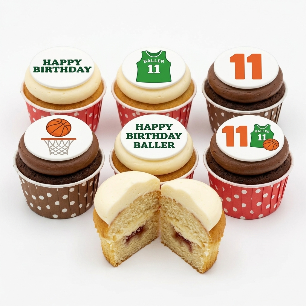 Basketball Birthday Cupcakes with Custom Age Topper