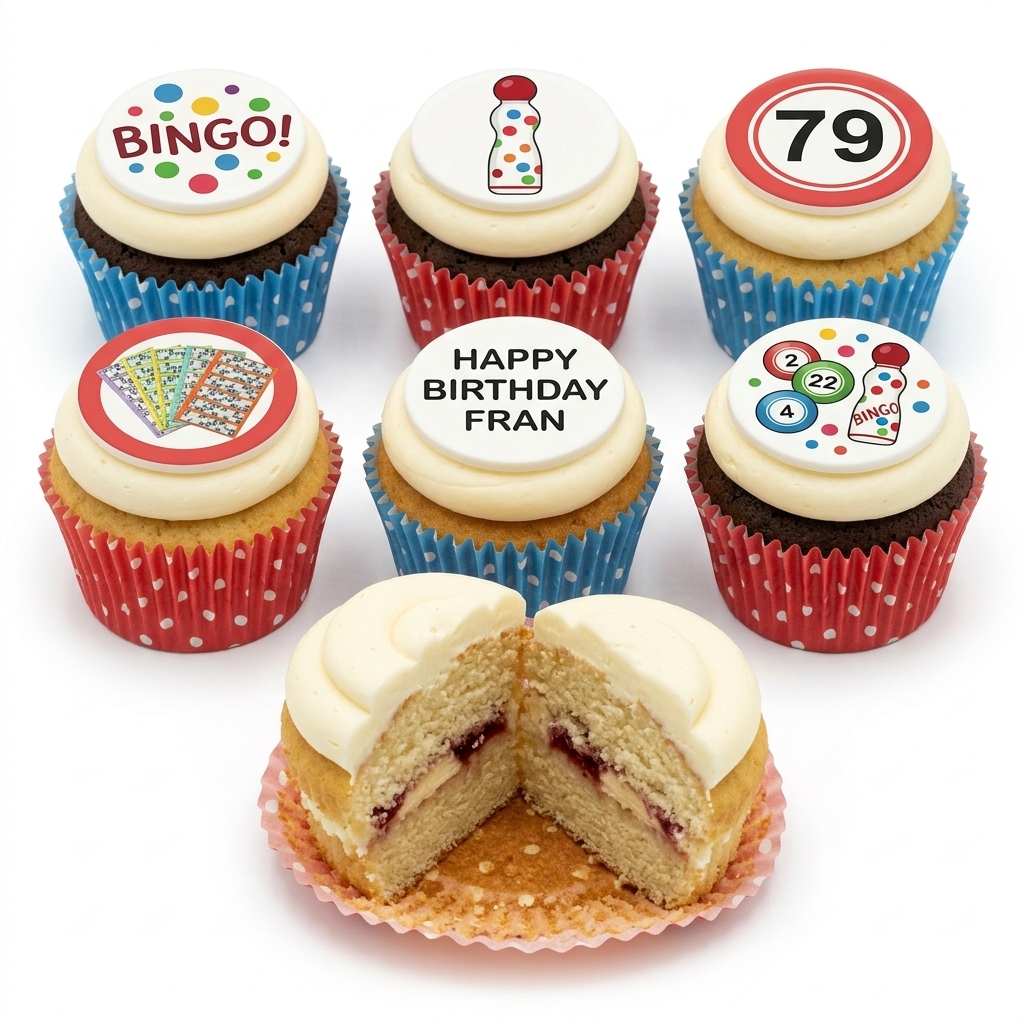 Bingo Theme Birthday Cupcakes with Custom Age Toppers