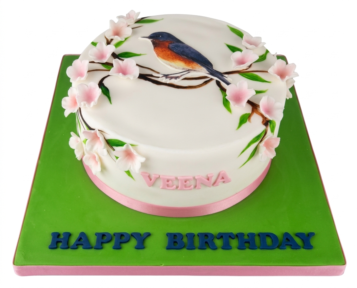 Bird Theme Birthday Cake with Cherry Blossoms