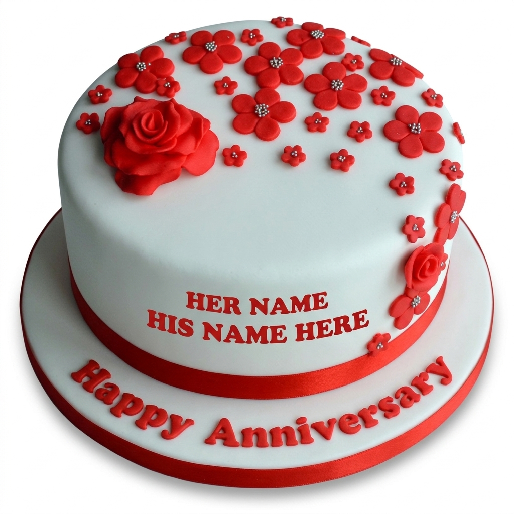Floral Anniversary Cake with Personalised Names