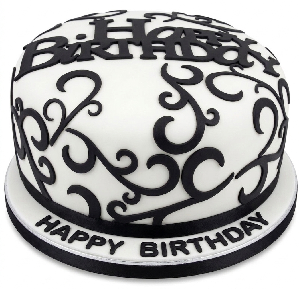 Elegant Black & White Scroll Birthday Cake