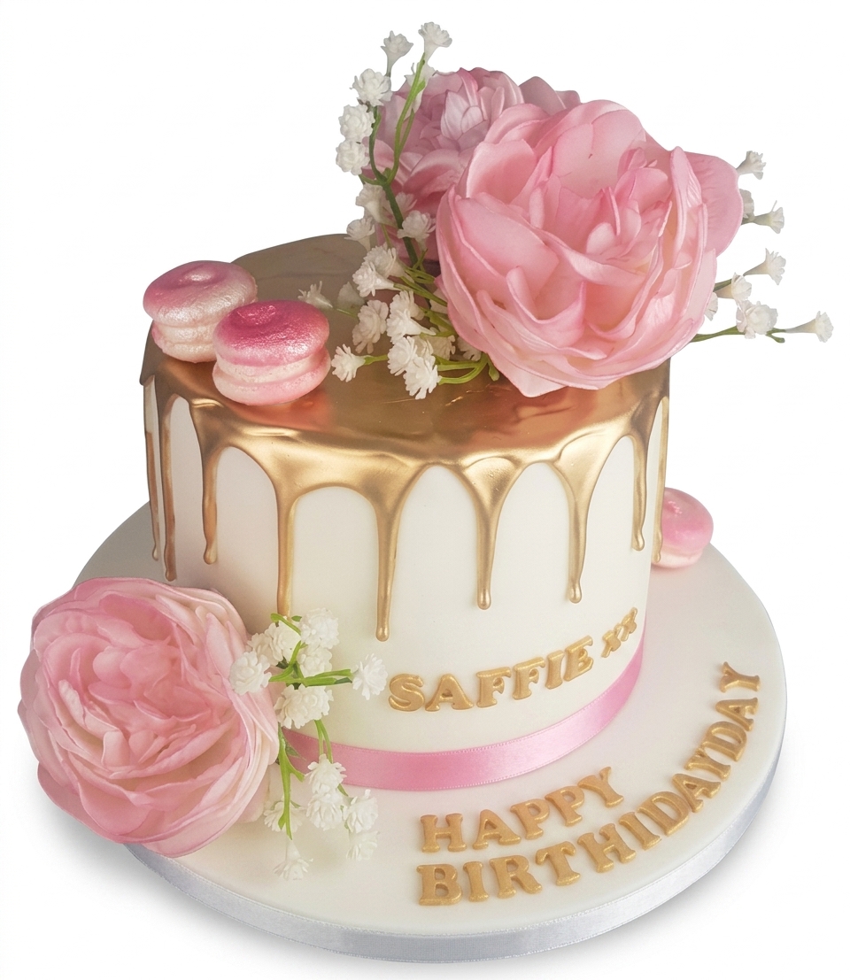 Gold Drip Floral Birthday Cake for Her