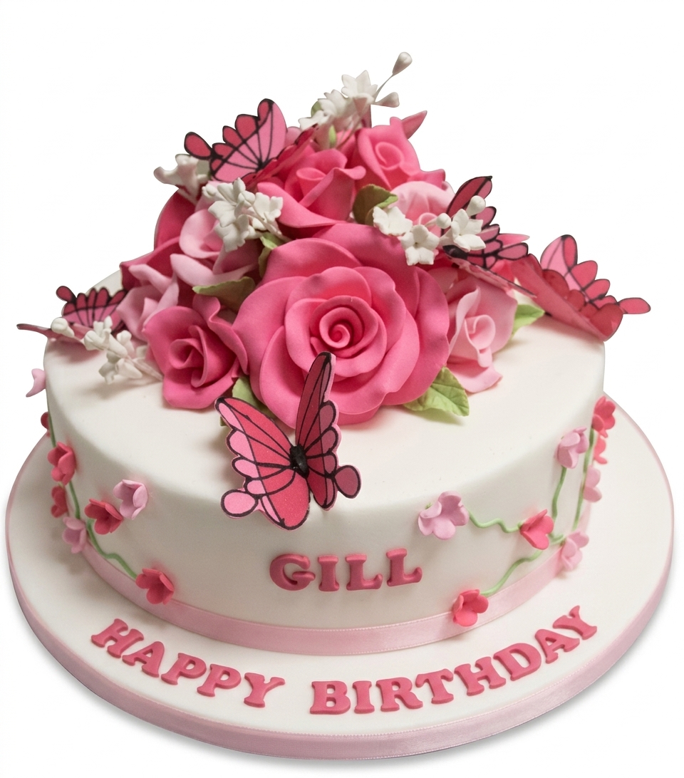 Pink Rose & Butterfly Birthday Cake for Her