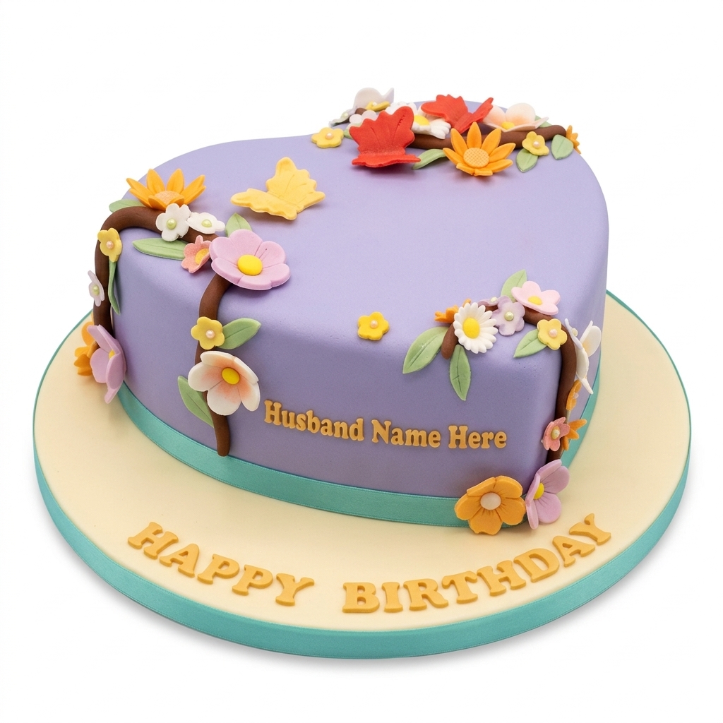 Floral Heart Birthday Cake with Custom Name