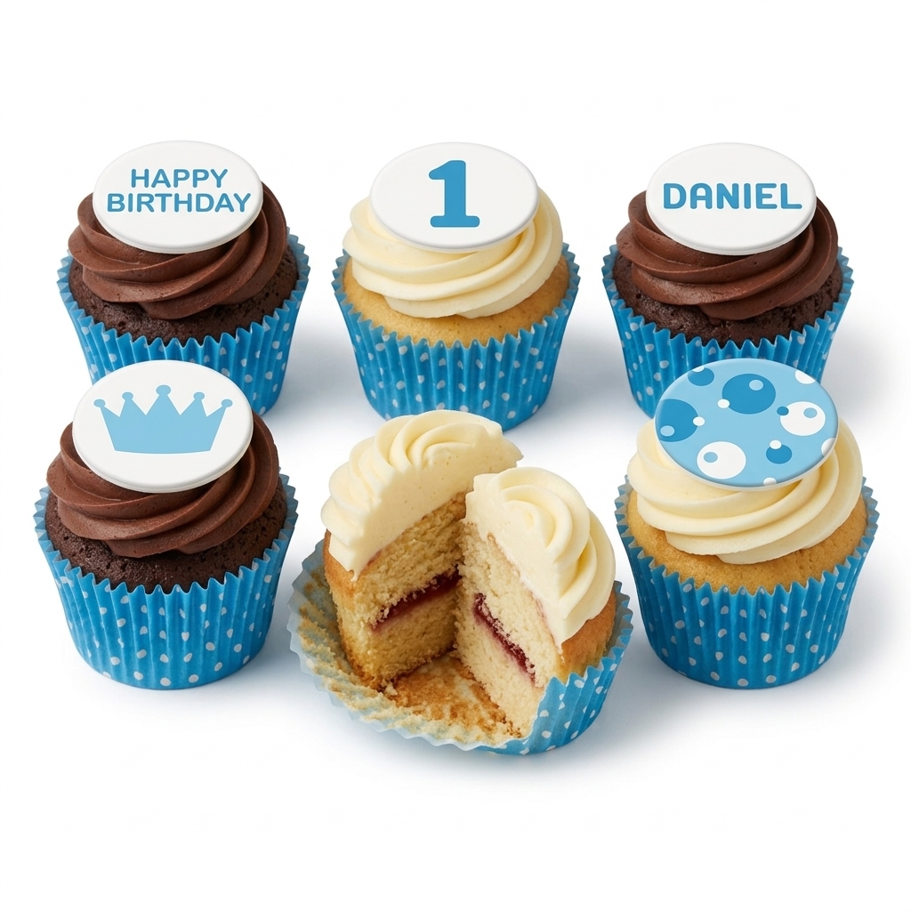 Baby Boy Birthday Cupcakes with Crown & Bubbles