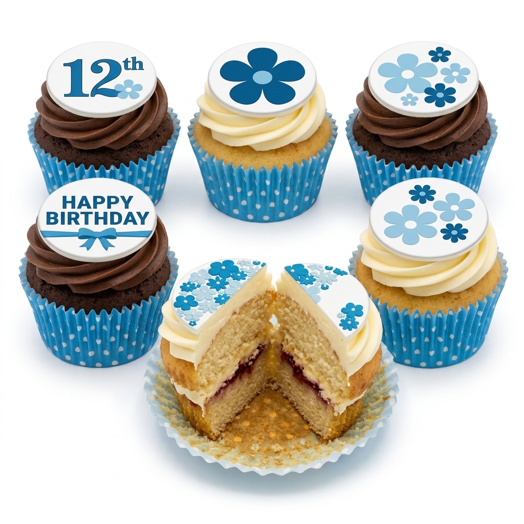 Blue Floral Birthday Cupcakes