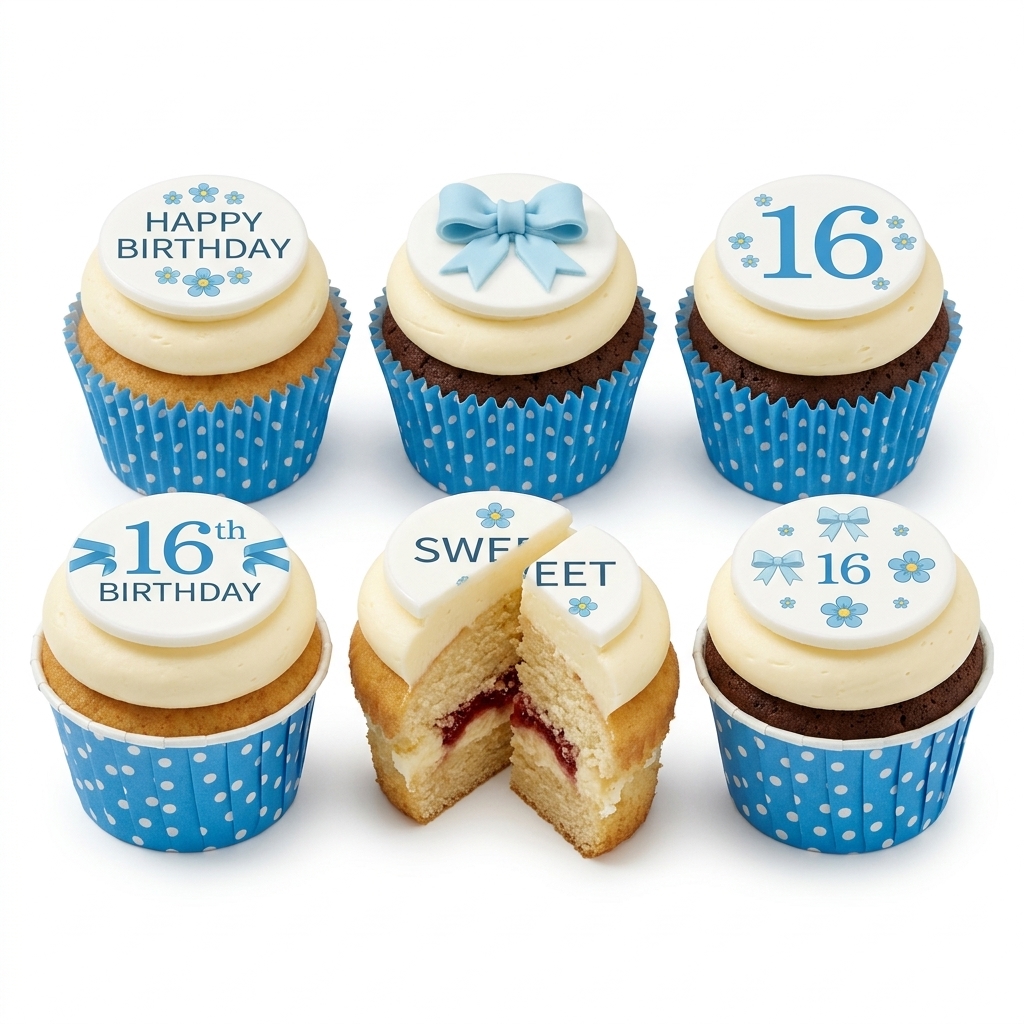 Sweet 16th Birthday Cupcakes with Blue Bows & Flowers