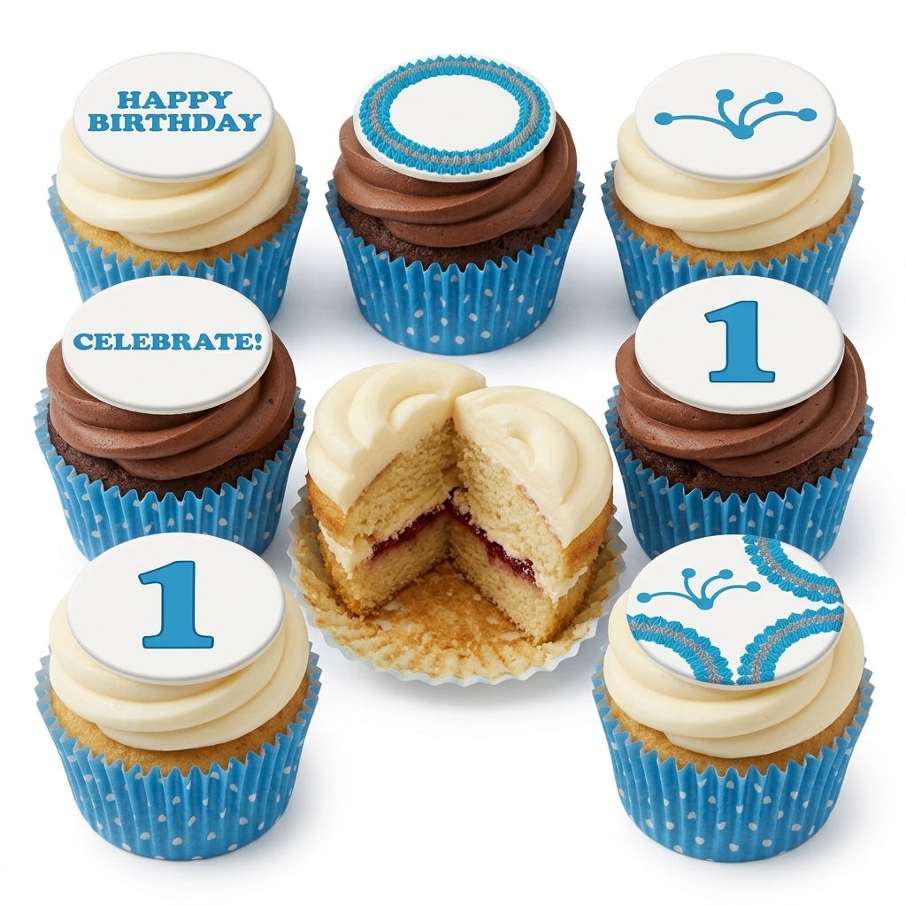 Blue Polka Dot Birthday Cupcakes with Custom Age Toppers