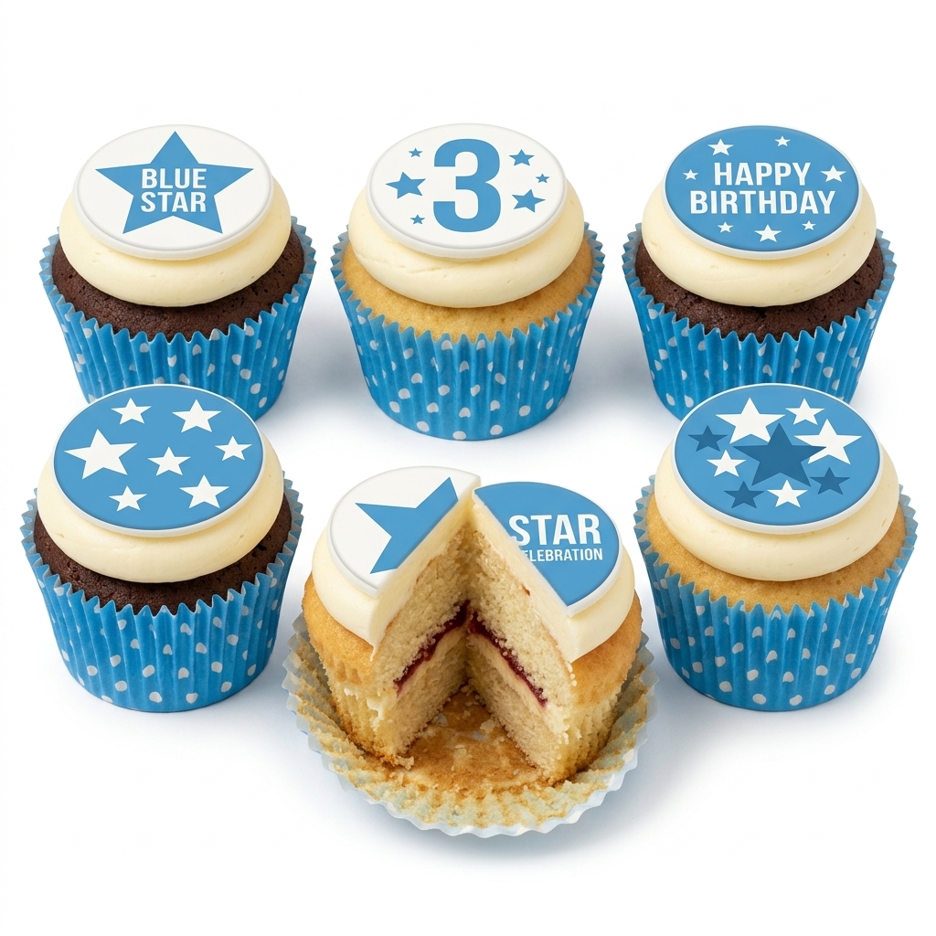 Blue Star Birthday Cupcakes with Custom Age Topper