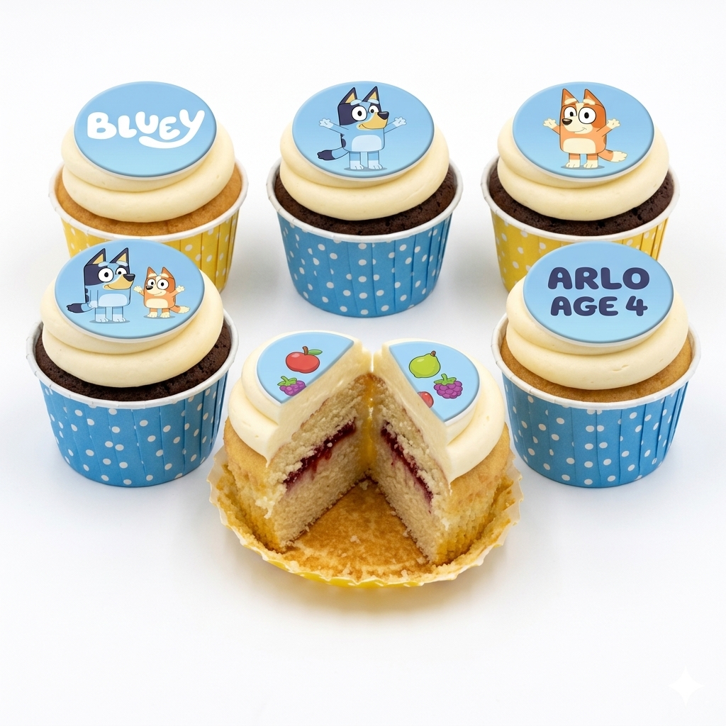 Bluey Birthday Cupcakes with Custom Age Topper