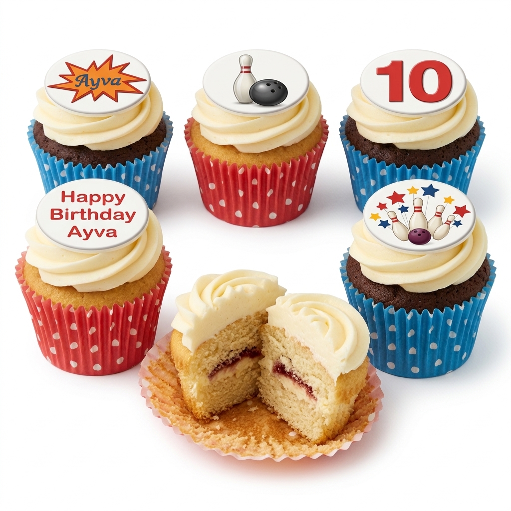 Bowling Theme Birthday Cupcakes with Custom Age Toppers