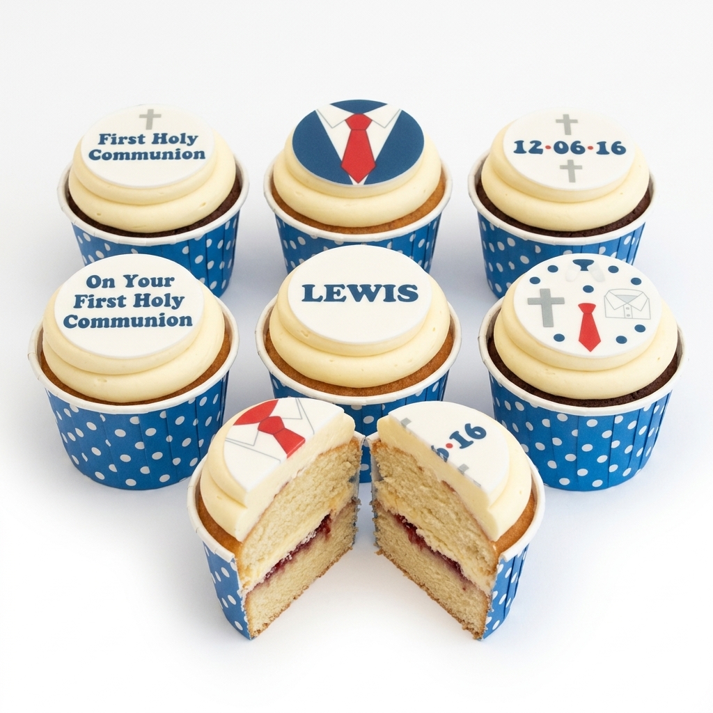 Holy Communion Cupcakes for Boys with Personalised Toppers