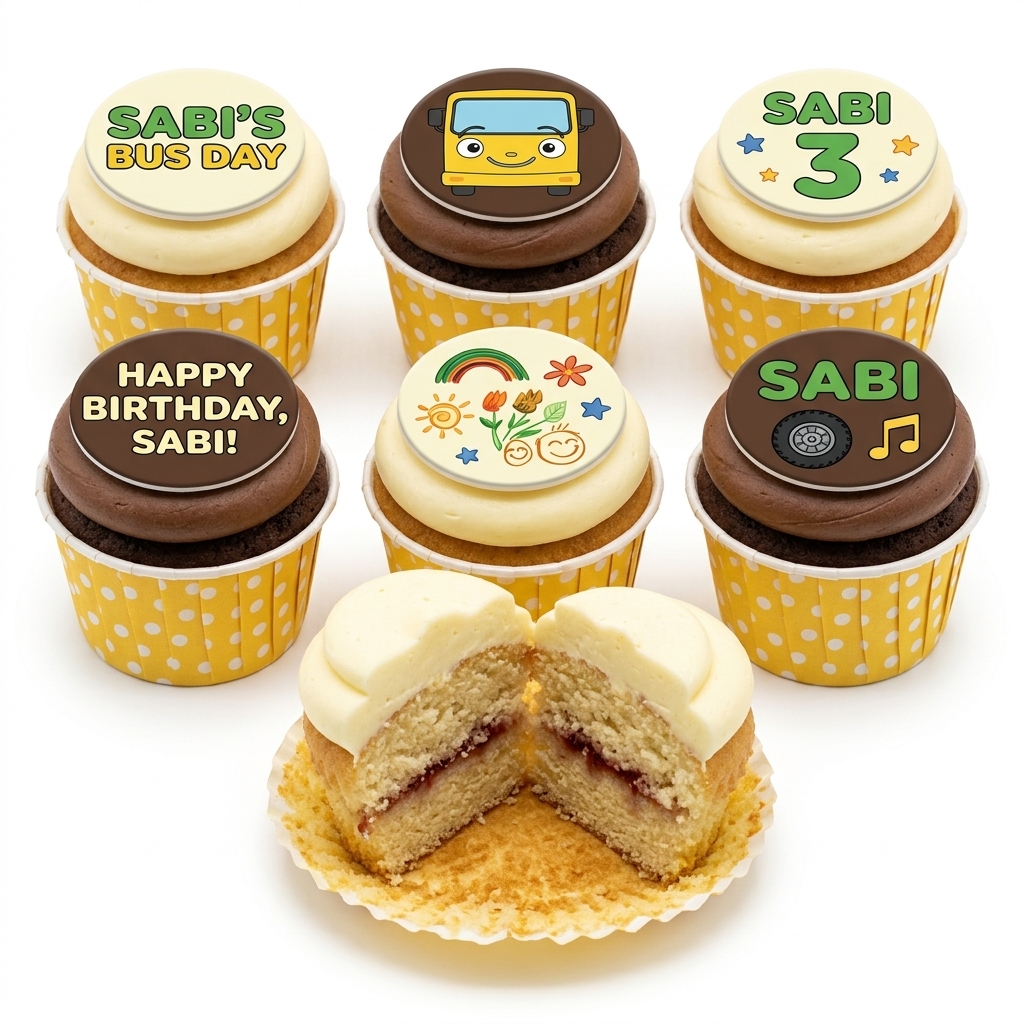 Bus Theme Kids Birthday Cupcakes with Custom Age Topper