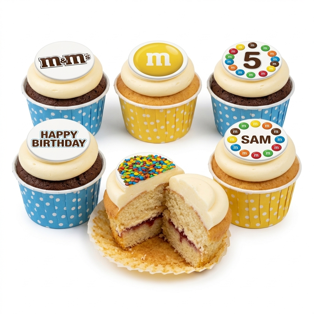 M&M's Birthday Cupcakes with Custom Toppers