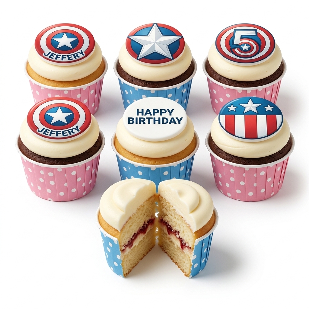Captain America Birthday Cupcakes with Custom Toppers