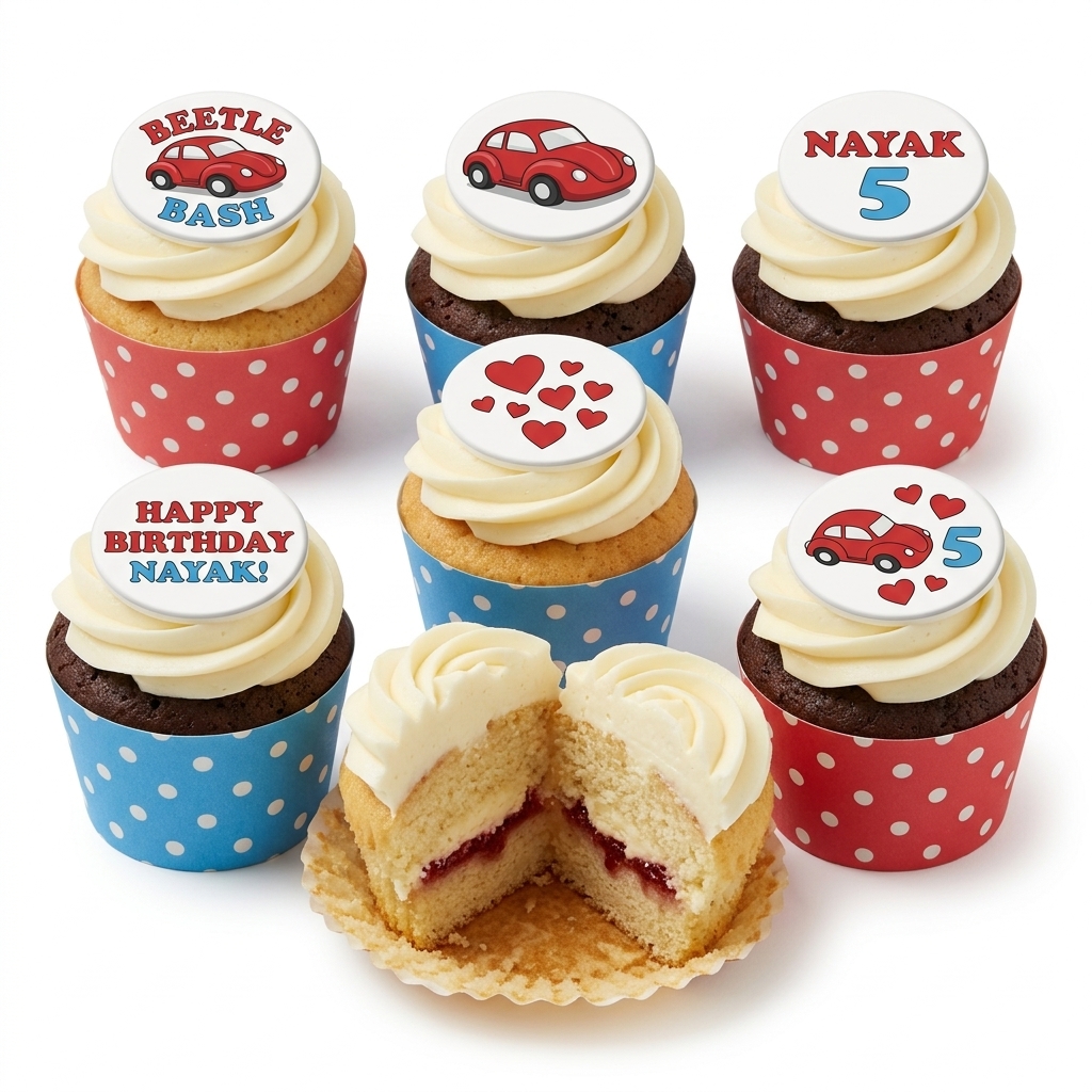 Beetle Car Theme Birthday Cupcakes with Custom Toppers