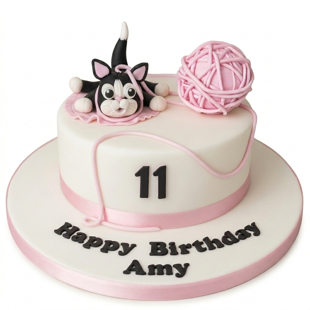 Cute Cat & Yarn Birthday Cake for Girls