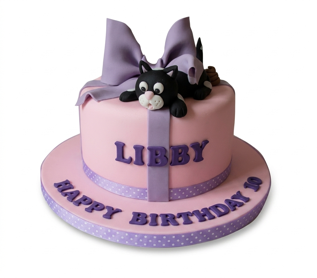 Girls Cat Birthday Cake with Bow